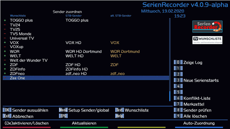 Screenshot für die Senderzuordnung