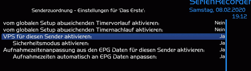 Screenshot für die Einstellungen im VTI-Image