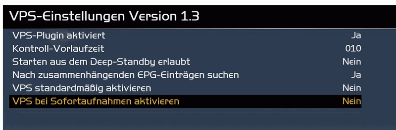 Screenshot für die Einstellungen im VTI-Image